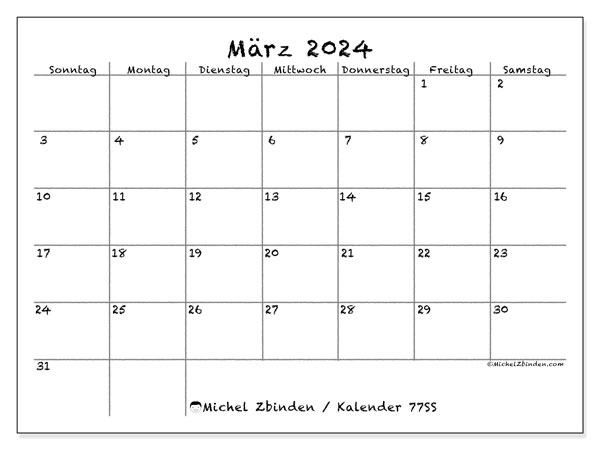 Kalender März 2024, 77SS. Plan zum Ausdrucken kostenlos.