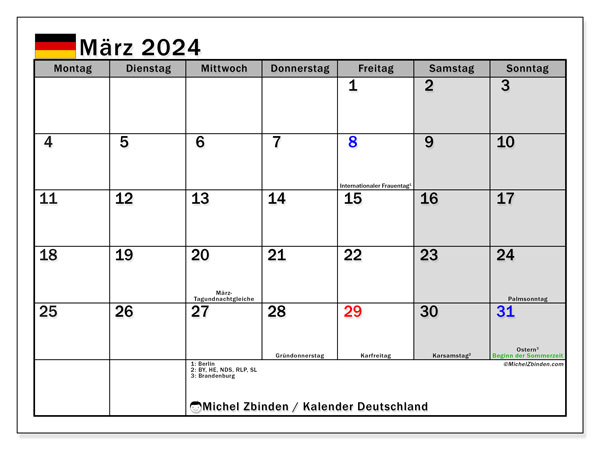 Kalendarz marzec 2024, Niemcy (DE). Darmowy dziennik do druku.