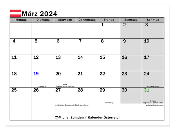 Calendário Março 2024 “Áustria”. Horário gratuito para impressão.. Segunda a domingo