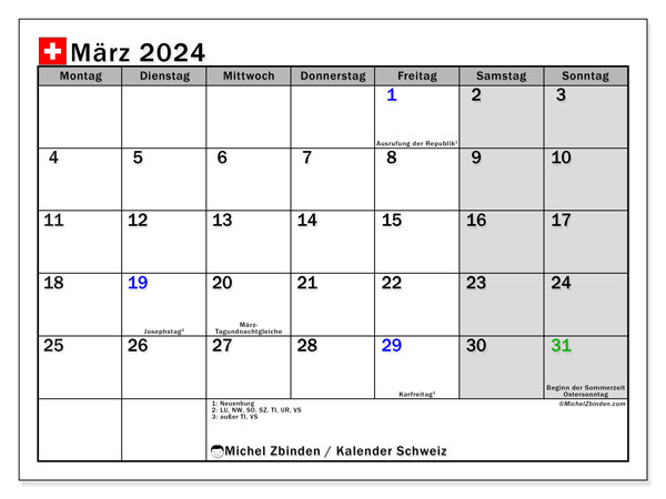 Calendário Março 2024 “Suíça (DE)”. Horário gratuito para impressão.. Segunda a domingo