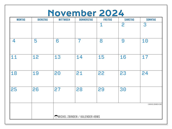 Kalender zum Ausdrucken, November 2024, 49MS