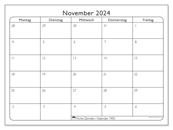 Kalender November 2024, 74SS. Programm zum Ausdrucken kostenlos.
