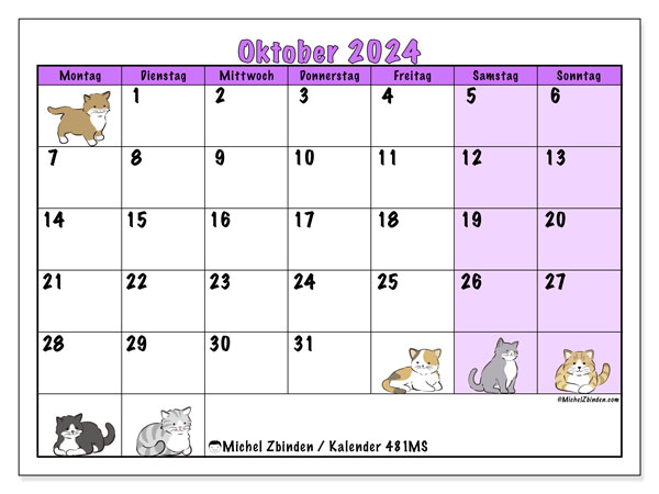 Kalender zum Ausdrucken, Oktober 2024, 481MS