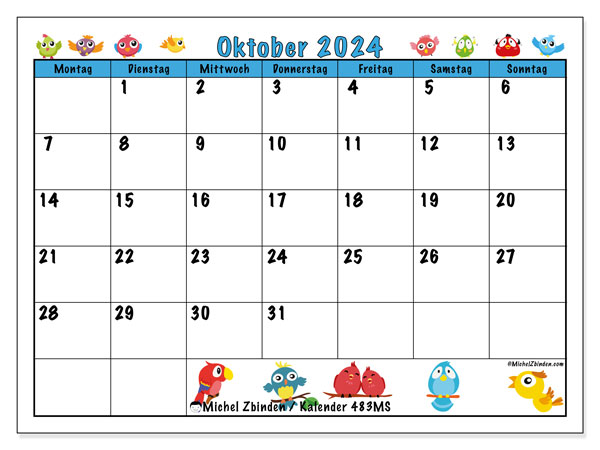Kalender Oktober 2024 “483”. Plan zum Ausdrucken kostenlos.. Montag bis Sonntag