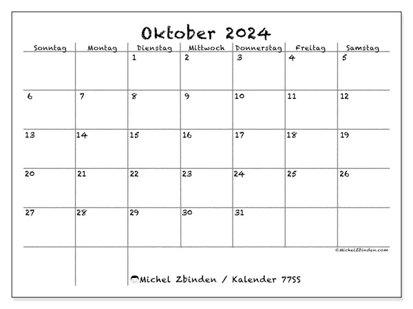 Kalender zum Ausdrucken, Oktober 2024, 77SS