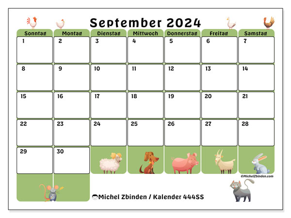 Kalender September 2024 “444”. Kalender zum Ausdrucken kostenlos.. Sonntag bis Samstag