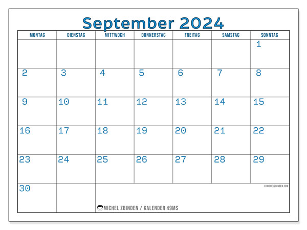 Kalender September 2024, 49SS. Kalender zum Ausdrucken kostenlos.