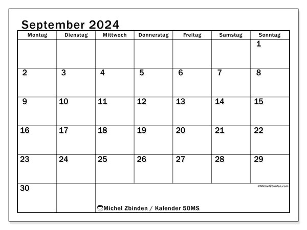 Kalender September 2024 “50”. Plan zum Ausdrucken kostenlos.. Montag bis Sonntag