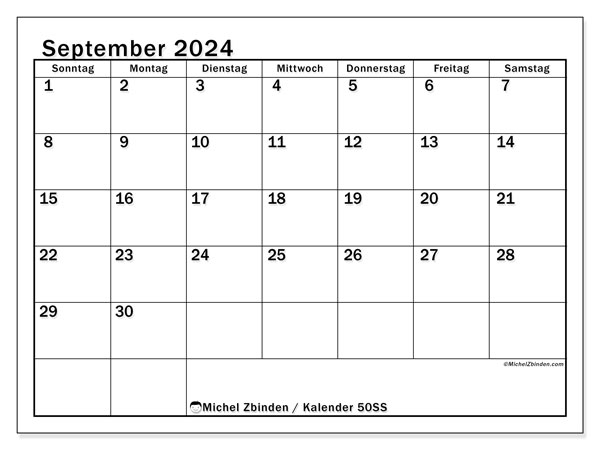 Kalender September 2024 “50”. Programm zum Ausdrucken kostenlos.. Sonntag bis Samstag