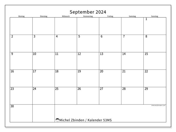 Kalender September 2024, 53SS. Kalender zum Ausdrucken kostenlos.