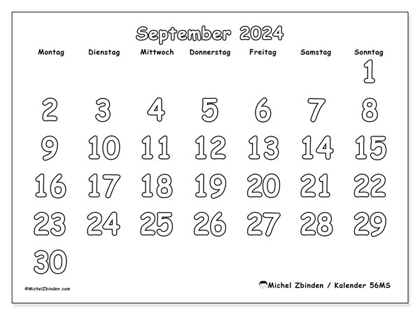 Kalender September 2024 “56”. Programm zum Ausdrucken kostenlos.. Montag bis Sonntag