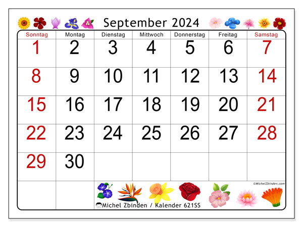 Kalender September 2024 “621”. Programm zum Ausdrucken kostenlos.. Sonntag bis Samstag