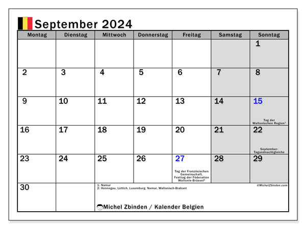 Belgien, Kalender September 2024, zum Ausdrucken, kostenlos.