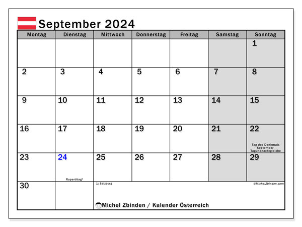 Calendário Setembro 2024 “Áustria”. Programa gratuito para impressão.. Segunda a domingo
