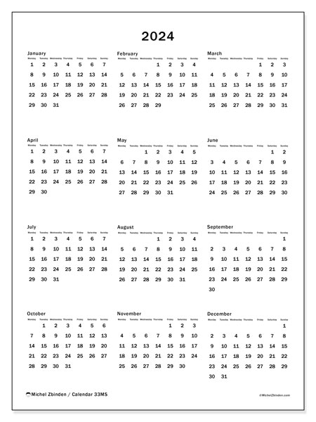 Calendar Annual 2024 “33”. Free printable calendar.. Monday to Sunday