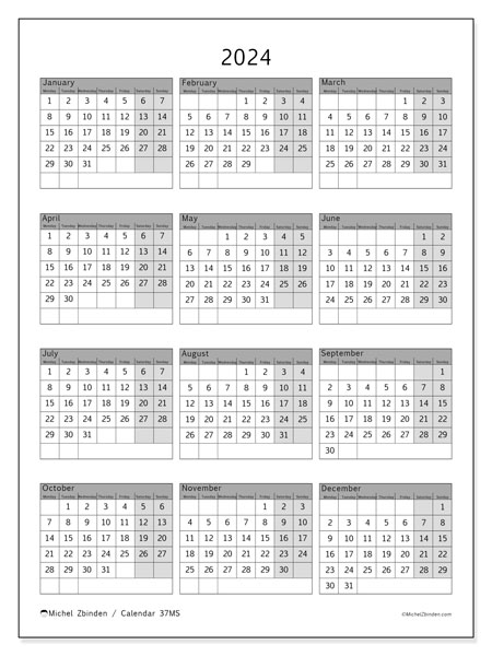 Calendar Annual 2024 “37”. Free printable calendar.. Monday to Sunday