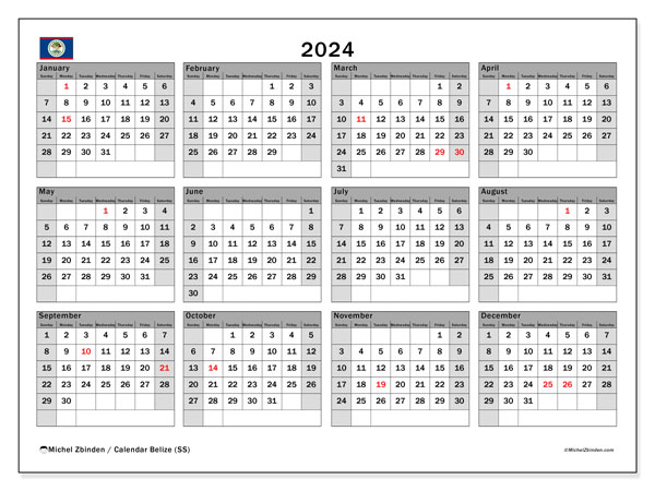 Kalender årlig 2024 “Belize”. Gratis utskrivbart program.. Söndag till lördag