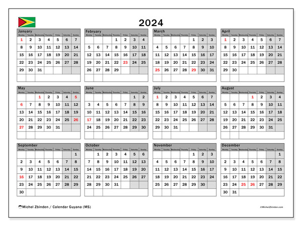 Kalender årlig 2024 “Guyana”. Gratis karta som kan skrivas ut.. Måndag till söndag