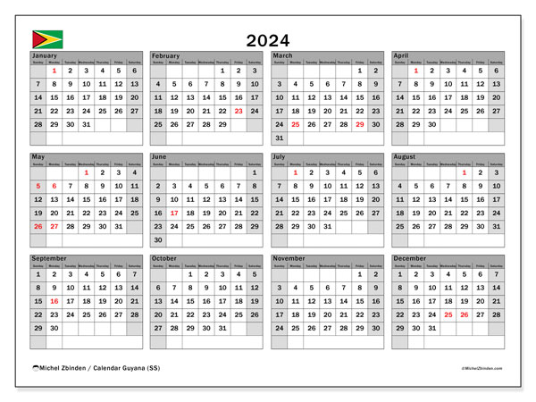 Kalender årlig 2024 “Guyana”. Gratis karta som kan skrivas ut.. Söndag till lördag