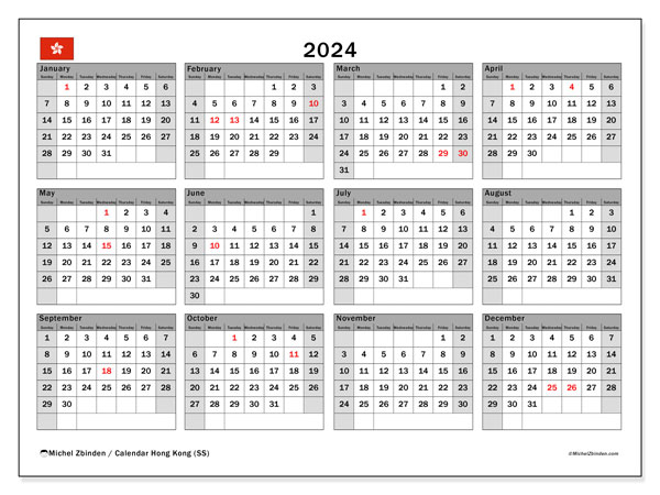 Kalender årlig 2024 “Hong Kong”. Gratis karta som kan skrivas ut.. Söndag till lördag