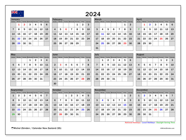 Kalender årlig 2024 “Nya Zeeland”. Gratis kalender som kan skrivas ut.. Söndag till lördag