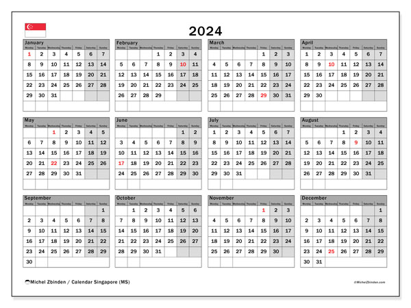 Kalender årlig 2024 “Singapore”. Gratis karta som kan skrivas ut.. Måndag till söndag