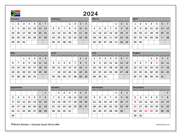 Kalender årlig 2024 “Sydafrika”. Schema för gratis utskrift.. Måndag till söndag