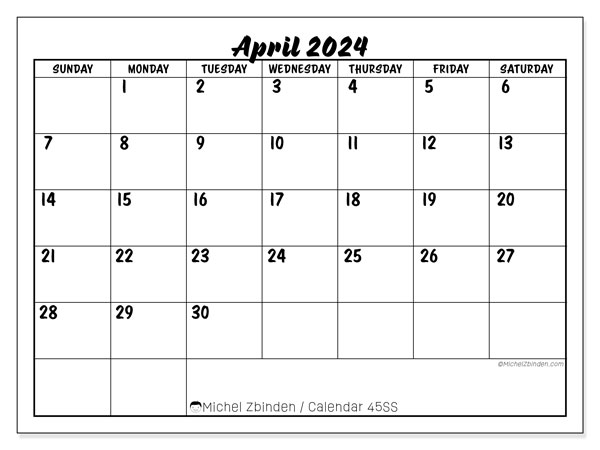 Calendar April 2024, 45SS. Free printable program.