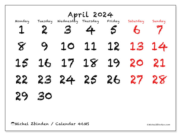 Calendar April 2024, 46SS. Free printable program.