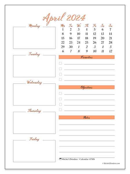 Printable calendar, April 2024, 47MS