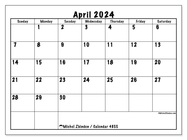 Calendar April 2024, 48SS. Free printable calendar.