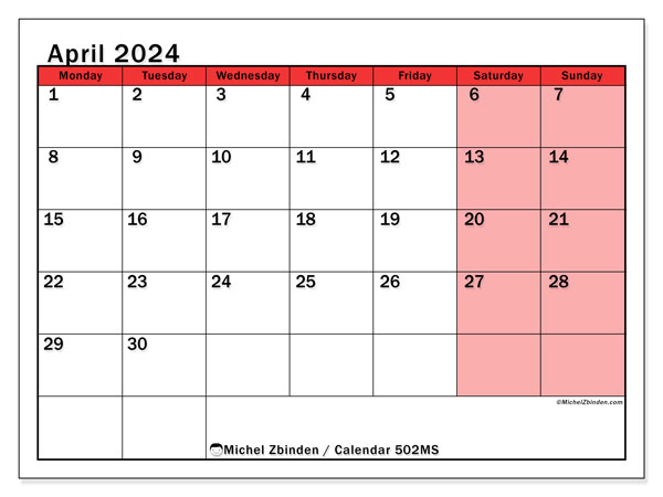 Calendar April 2024 “502”. Free printable calendar.. Monday to Sunday