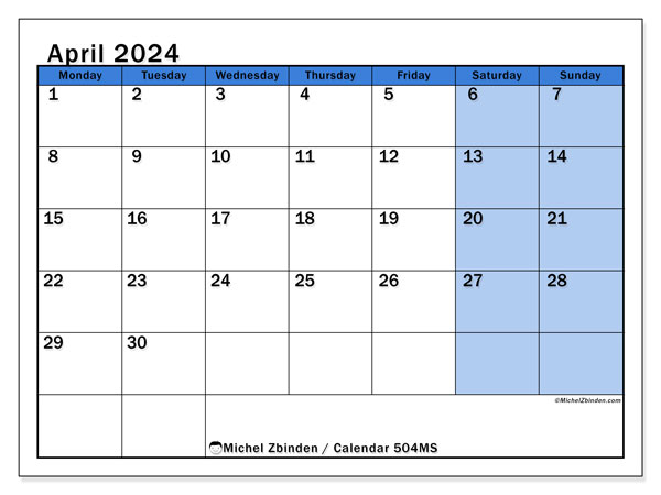 Printable calendar, April 2024, 504MS
