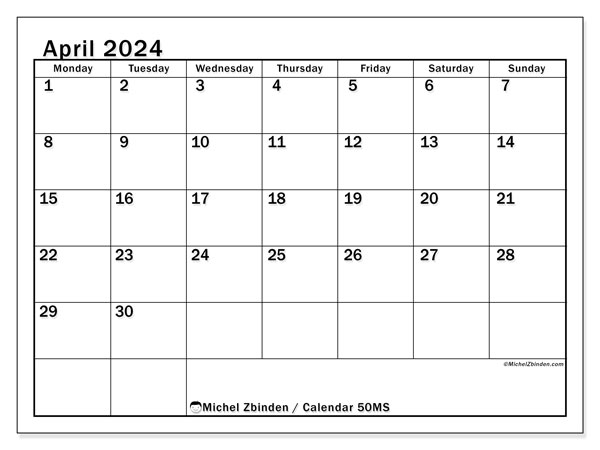 Calendar April 2024 “50”. Free printable plan.. Monday to Sunday