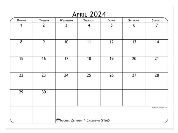 Printable calendar, April 2024, 51MS