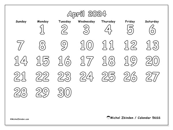 Calendar April 2024 “56”. Free printable plan.. Sunday to Saturday