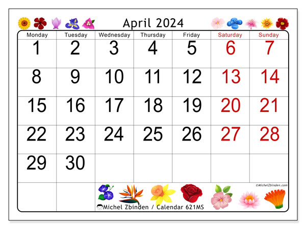 Calendar April 2024 “621”. Free printable program.. Monday to Sunday