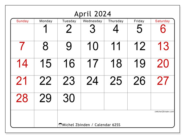 Calendar April 2024 “62”. Free printable plan.. Sunday to Saturday