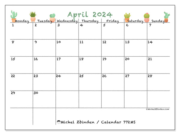 Calendar April 2024 “772”. Free printable calendar.. Monday to Sunday