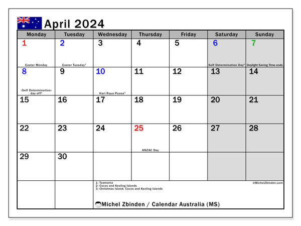 Kalender April 2024, Australien (EN). Programm zum Ausdrucken kostenlos.