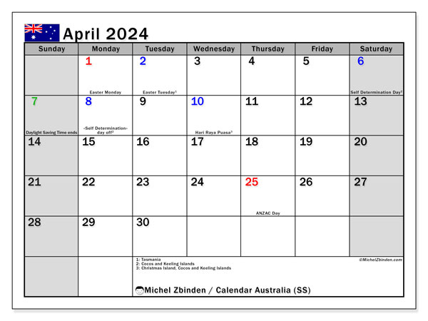Calendario abril 2024 “Australia”. Calendario para imprimir gratis.. De domingo a sábado