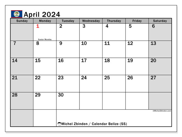 Calendario abril 2024 “Belice”. Horario para imprimir gratis.. De domingo a sábado