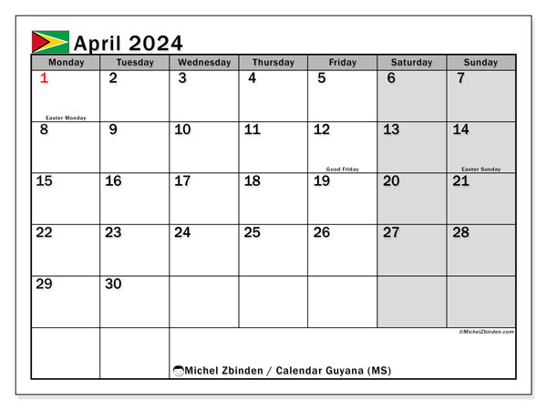 Calendario abril 2024 “Guyana”. Programa para imprimir gratis.. De lunes a domingo