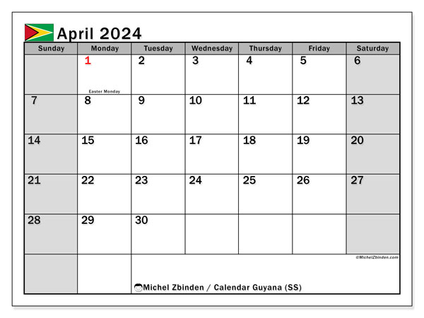 Calendario abril 2024 “Guyana”. Programa para imprimir gratis.. De domingo a sábado