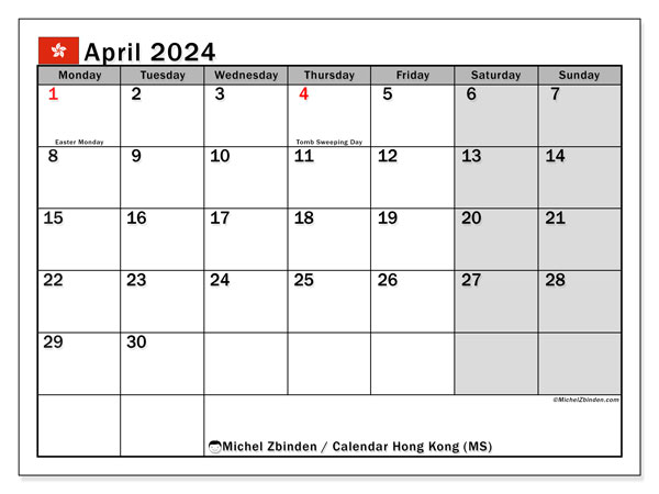 Calendário Abril 2024, Hong Kong (EN). Horário gratuito para impressão.