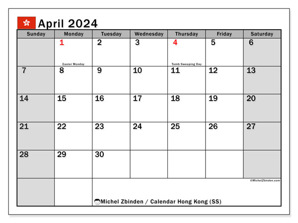 Calendario abril 2024 “Hong Kong”. Horario para imprimir gratis.. De domingo a sábado