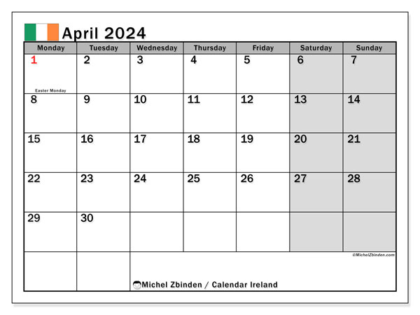 Calendario abril 2024 “Irlanda”. Calendario para imprimir gratis.. De lunes a domingo