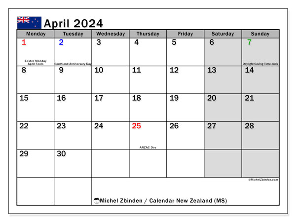 Calendario aprile 2024, Nuova Zelanda (EN). Orario da stampare gratuito.