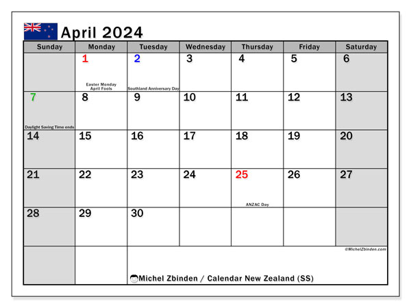 Calendario abril 2024 “Nueva Zelanda”. Diario para imprimir gratis.. De domingo a sábado