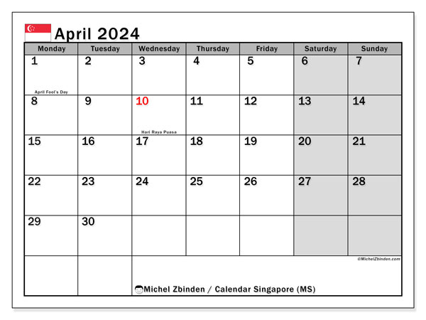 Calendario abril 2024 “Singapur”. Calendario para imprimir gratis.. De lunes a domingo